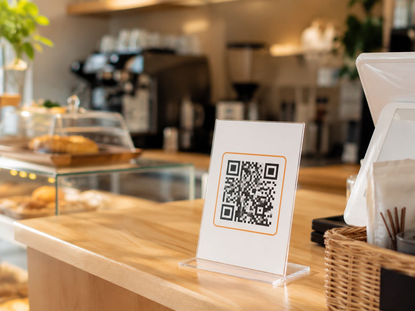 계산대에 놓인 QR 스탠드