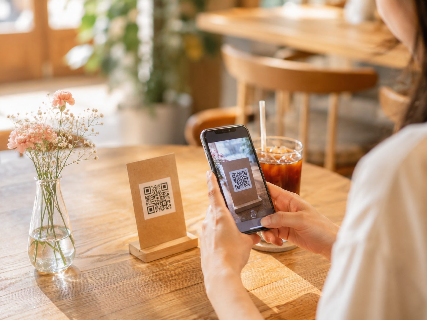 손님이 카페 테이블 위 QR 코드를 휴대폰으로 스캔하는 모습